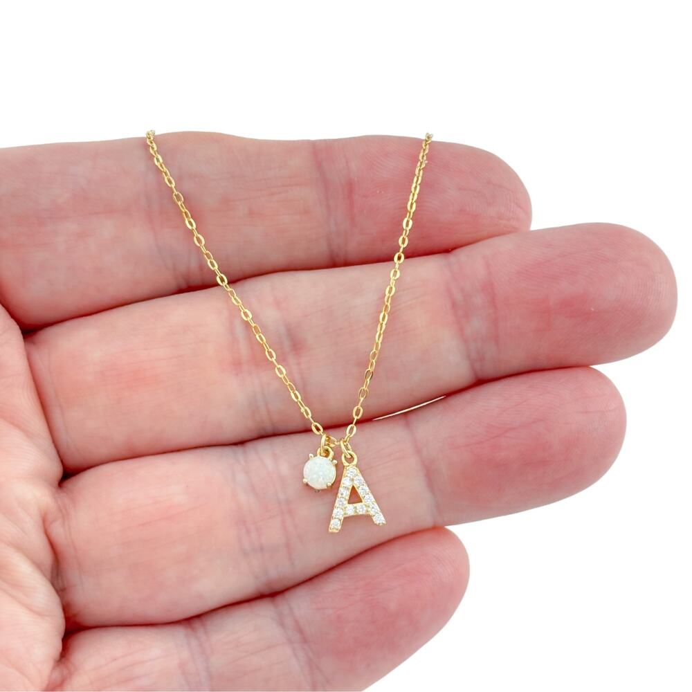 Vintage Gold-Tone Sterling Silver 925 A Initial Opal Necklace 16-18"